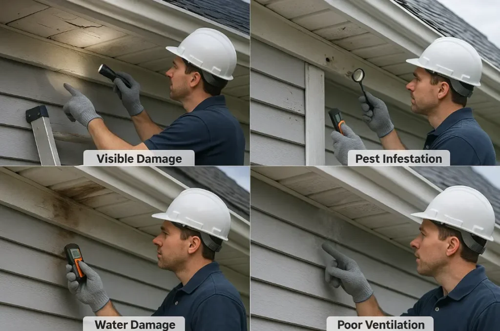 Professional soffit repair contractors from Daniel Hood Roofing inspecting multiple types of soffit issues—including visible damage, pest infestation, water damage, and poor ventilation—shown in a four-panel comparison image.