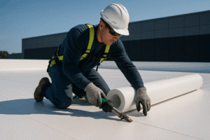 Professional roofing contractor installing a 10-foot-wide single-ply TPO membrane on a flat commercial roof, ensuring durability and expert craftsmanship — Daniel Hood Roofing Systems.