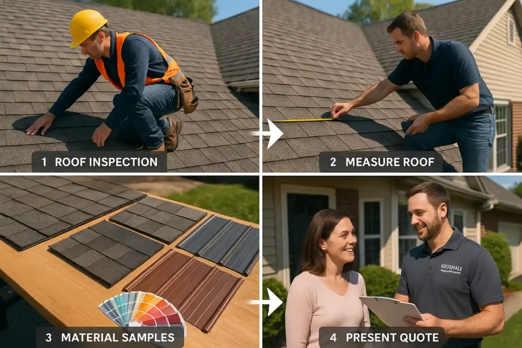 Step-by-step roofing repair quote process showing inspection, measurements, material samples, and homeowner consultation — Daniel Hood Roofing.