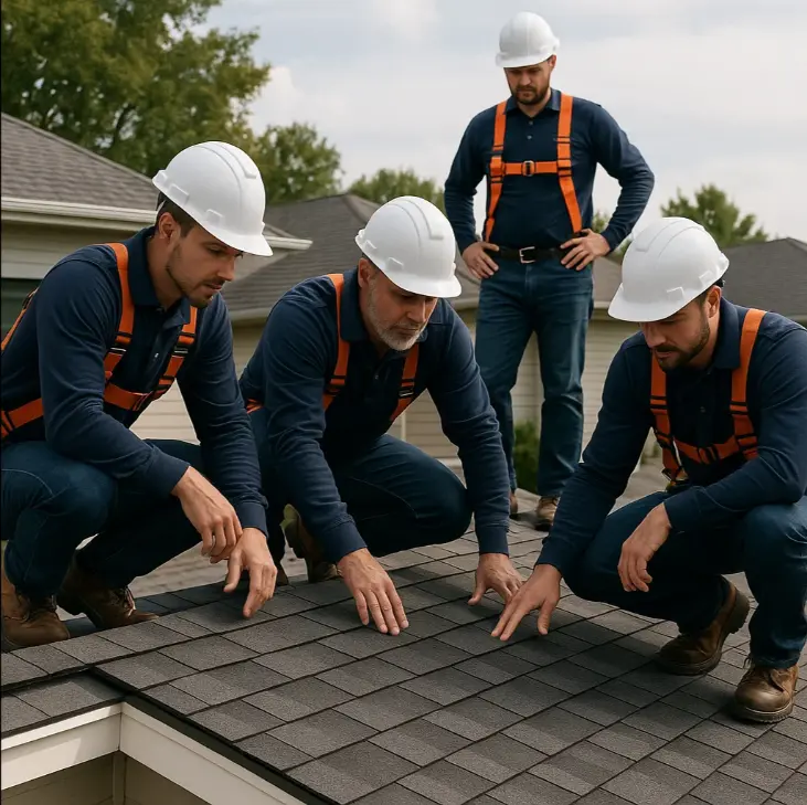 Create an ultra-realistic image showing a professional roofing team from a trusted company inspecting a well-built residential roof. Show workers wearing clean, branded safety gear, focusing carefully on the shingles and roofing details. The home should look modern, neat, and located in a suburban neighborhood. Capture a sense of trust, expertise, and professionalism through natural lighting, clear textures, and crisp realism. Include subtle elements that suggest quality workmanship and customer confidence, without showing any logos or text.
