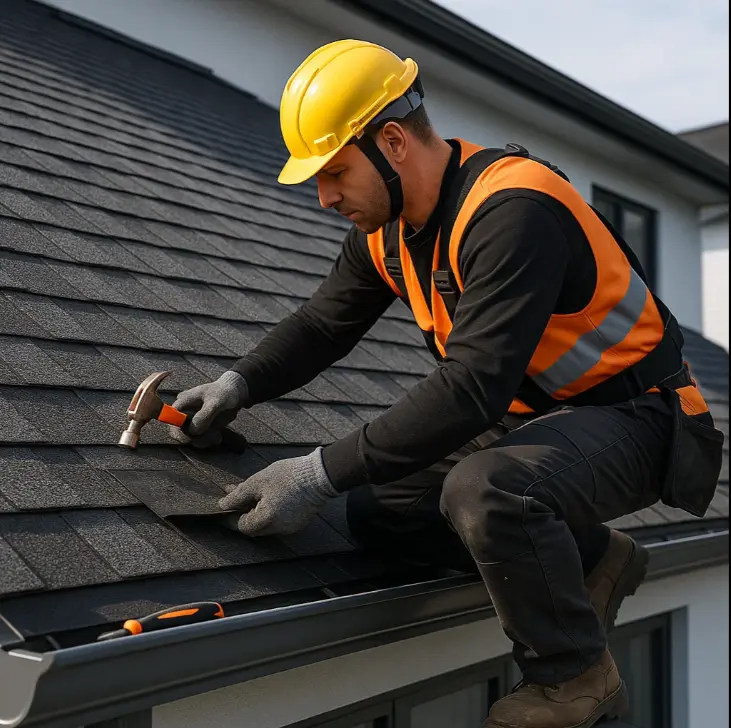 a single professional roofer repairing dark gray shingles near the gutter area, representing roof repair, roof replacement, and gutter services by Daniel Hood Roofing Systems.