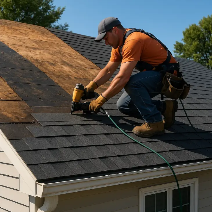 Roofer installing new shingles during a roof replacement for Daniel Hood Roofing Systems.