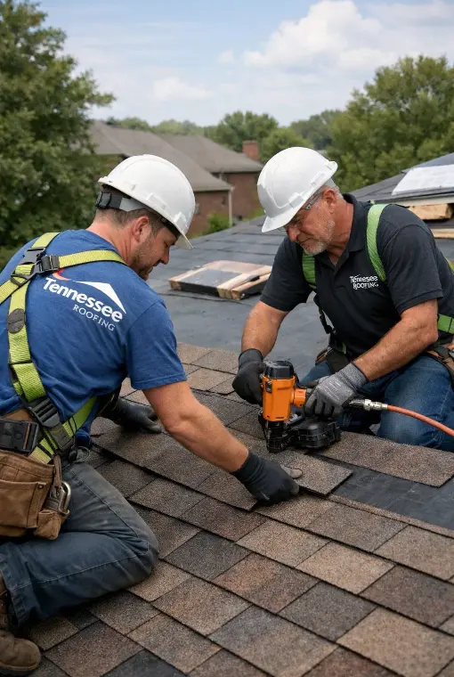 Two professional roofers from Daniel Hood Roofing Systems repairing and installing asphalt shingles on a residential roof in Norris, TN