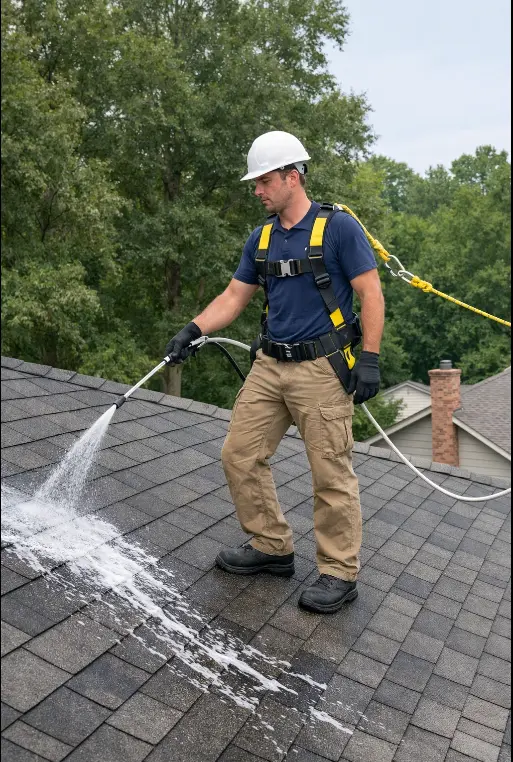 Safe roof cleaning by Daniel Hood Roofing Systems performed by a professional technician on a residential roof in Norris, TN