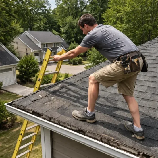 Unsafe DIY roof maintenance without safety gear on a residential home