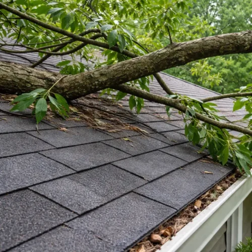 overhanging tree branches touching roof shingles
